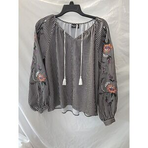 Cruel Denim Long Sleeve Striped Shirt Embroidered Floral Sleeve Oversized Boho S